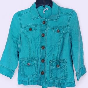 Caslon Women's XS Petite Light Teal 100% Linen Jacket Pockets Lightweight Button